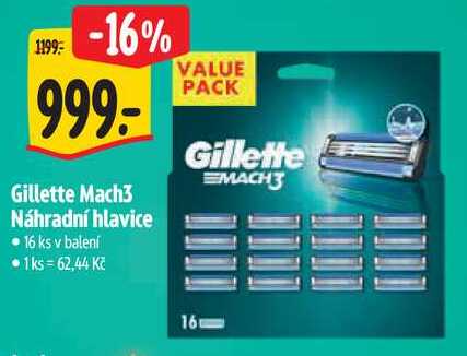Gillette Mach3 Náhradní hlavice, 16 ks