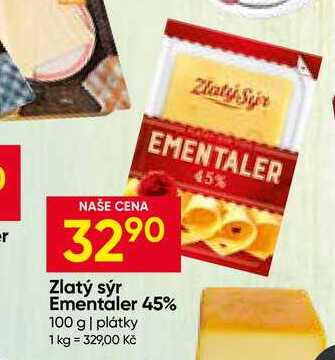 Zlatý sýr Ementaler 45% 100 g plátky