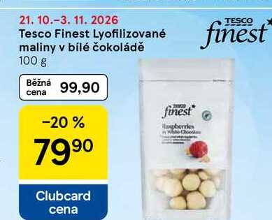 Tesco Finest Lyofilizované maliny v bílé čokoládě, 100 g 