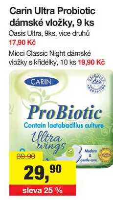 Carin Ultra Probiotic dámské vložky, 9 ks  