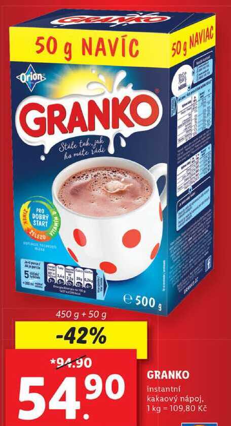 GRANKO instantní kakaový nápoj, 450 g + 50 g