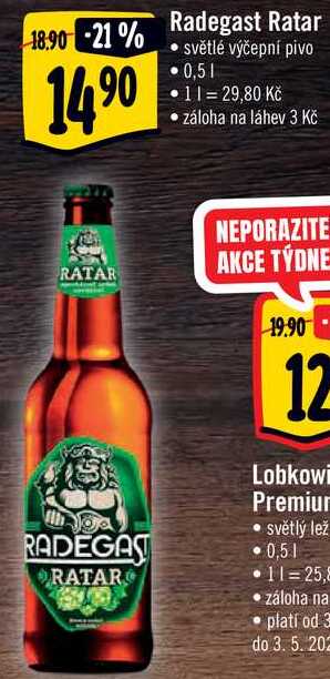 Radegast Ratar světlé výčepní pivo, 0,5 l