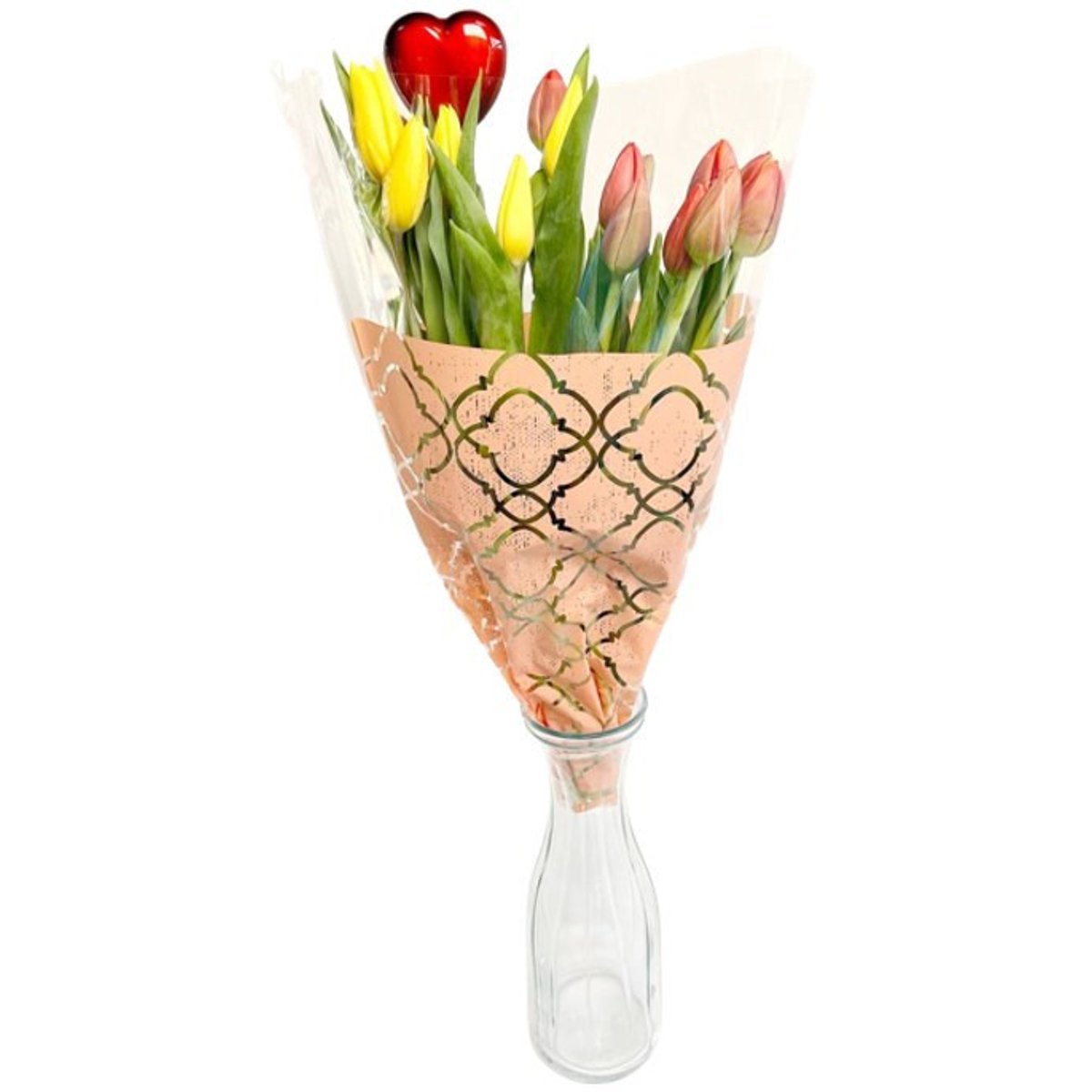 Kytice tulipánů mix barev, 15 ks + zápich srdce