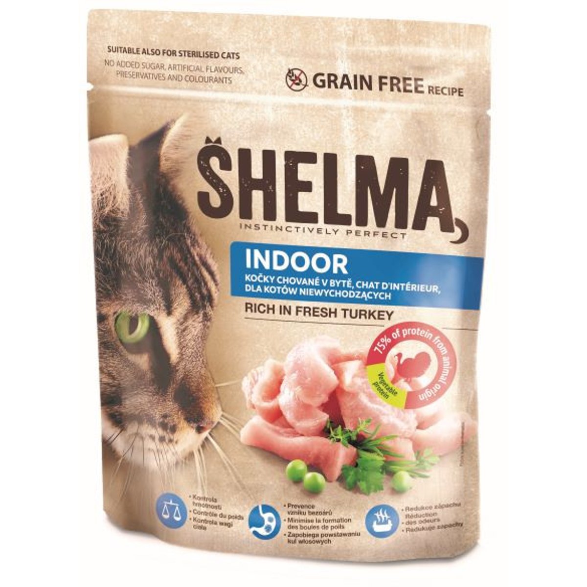 Shelma Bezobilné indoor granule s krůtím pro dospělé kočky