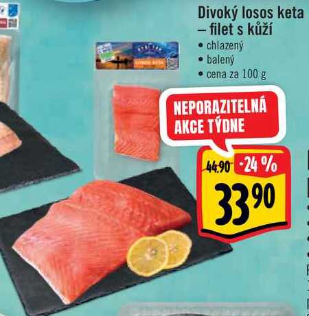 Divoký losos keta - filet s kůží, cena za 100 g 