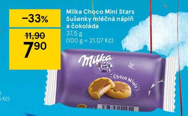 Milka Choco Mini Stars Sušenky mléčná náplň a čokoláda 37,5 g