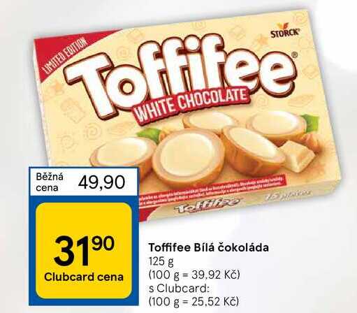 LIMITED EDITION Toffifee WHITE CHOCOLATE Běžná cena 49,90 90 31⁹⁰ Clubcard cena Teltipe Toffifee Bílá čokoláda 125 g (100 g = 39,92 Kč) s Clubcard: (100 g = 25,52 Kč) day 