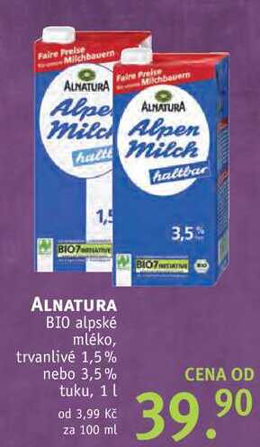 ALNATURA BIO alpské mléko, 1 l v akci