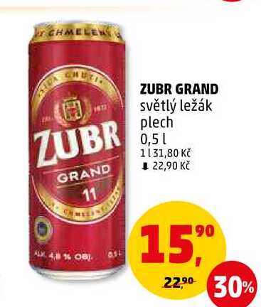 ZUBR GRAND světlý ležák plech, 0,5 l