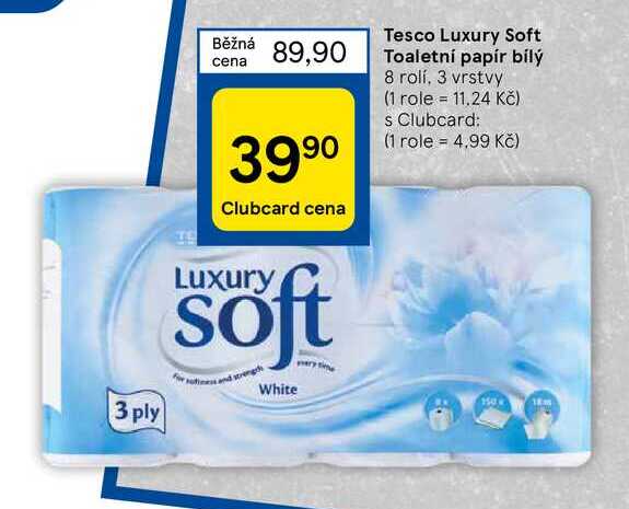 Tesco Luxury Soft Toaletní papír bílý 3 vrstvy 8 rolí