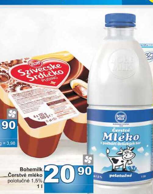 Bohemilk Čerstvé mléko polotučné 1,5% 1l v akci