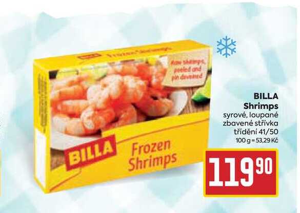 BILLA Shrimps syrové, loupané zbavené střívka třídění 41/50 