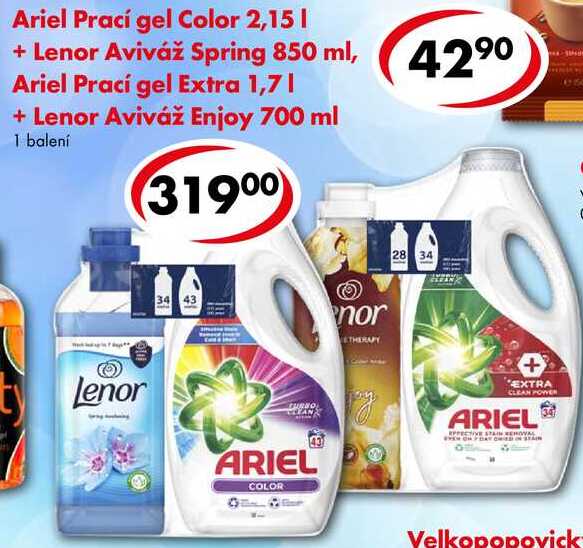 Ariel Prací gel Color 2,15 l + Lenor Aviváž Spring 850 ml, Ariel Prací gel Extra 1,7 l + Lenor Aviváž Enjoy 700 ml   