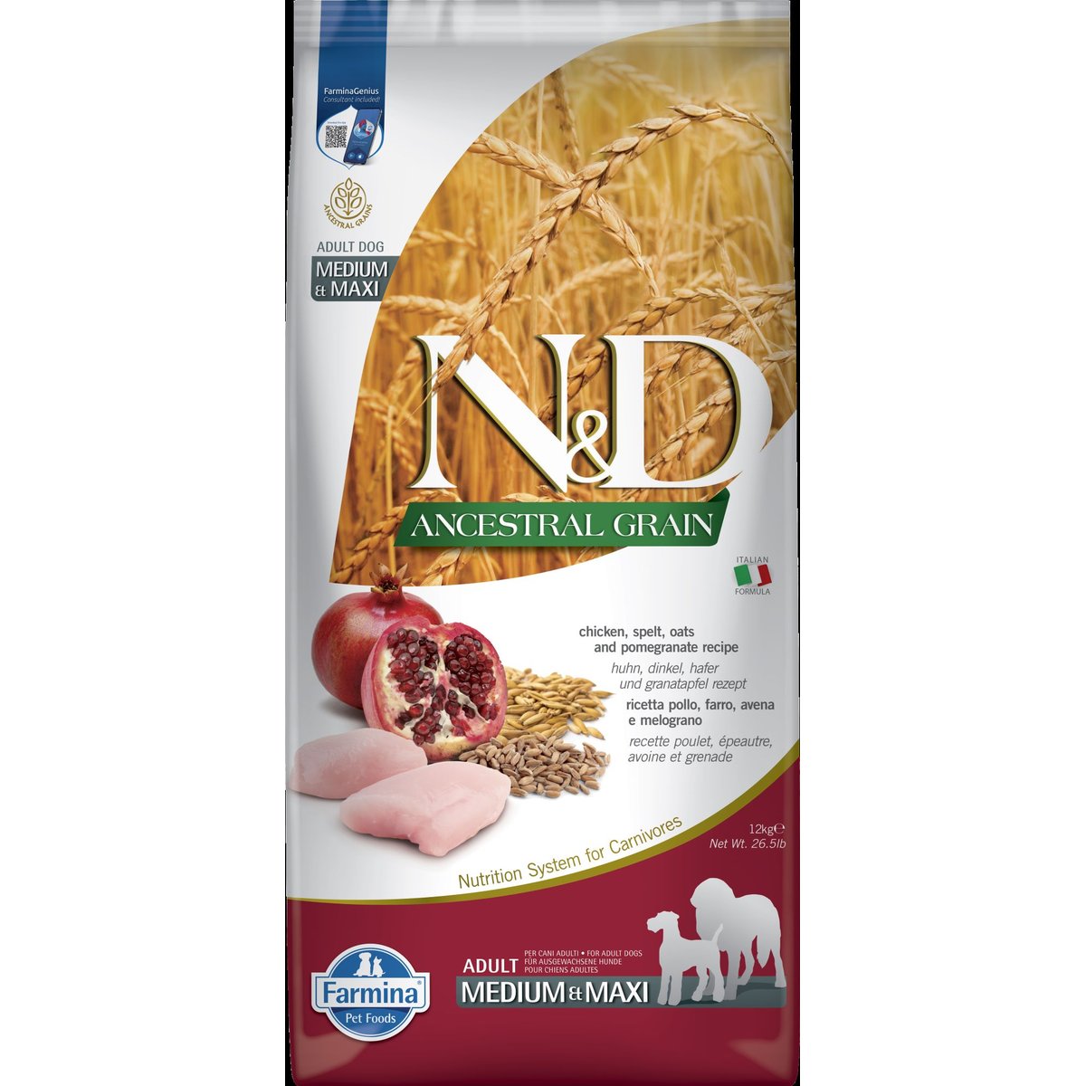 N&D Ancestral Grain granule pro dospělé psy středních a velkých plemen s kuřecím a granátovým jablkem