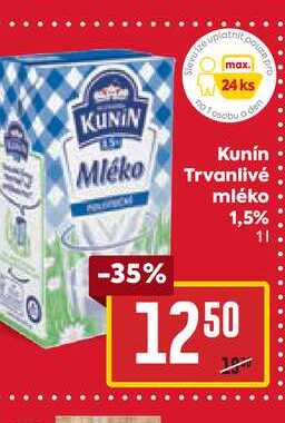 Kunín Mléko Trvanlivé mléko 1,5% 1l v akci
