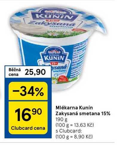 Mlékarna Kunín Zakysaná smetana 15%, 190 g v akci
