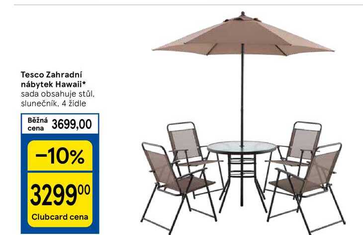 Tesco Zahradní nábytek Hawaii sada obsahuje stůl. slunečník. 4 židle 