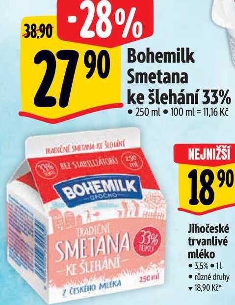 Bohemilk Smetana ke šlehání 33%, 250 ml