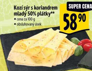 Kozí sýr s koriandrem mladý 50% plátky, cena za 100 g 