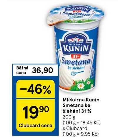 Mlékárna Kunín Smetana ke šlehání 31 %, 200 g  v akci