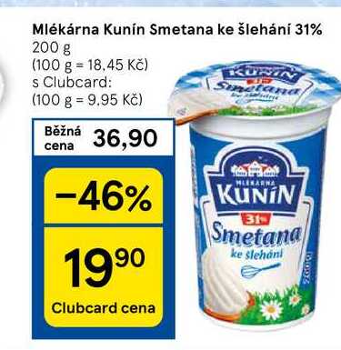 Mlékárna Kunín Smetana ke šlehání 31%, 200 g  v akci