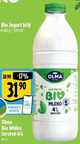 Olma Bio Mléko čerstvé 4%, 1 l