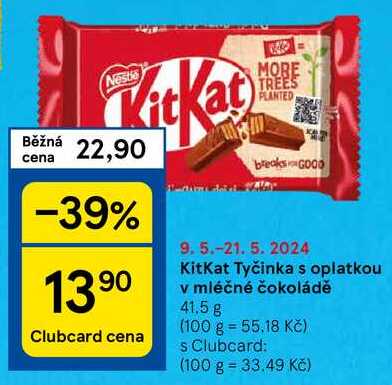 KitKat Tyčinka s oplatkou v mléčné čokoládě, 41,5 g 
