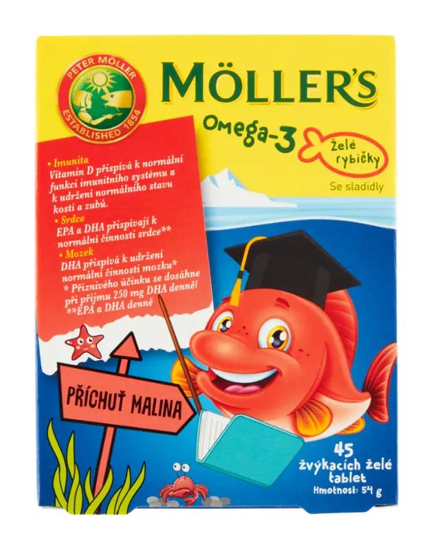 Möller's Omega-3 želé rybičky se sladidly s příchuťí maliny, doplněk stravy, 54 g