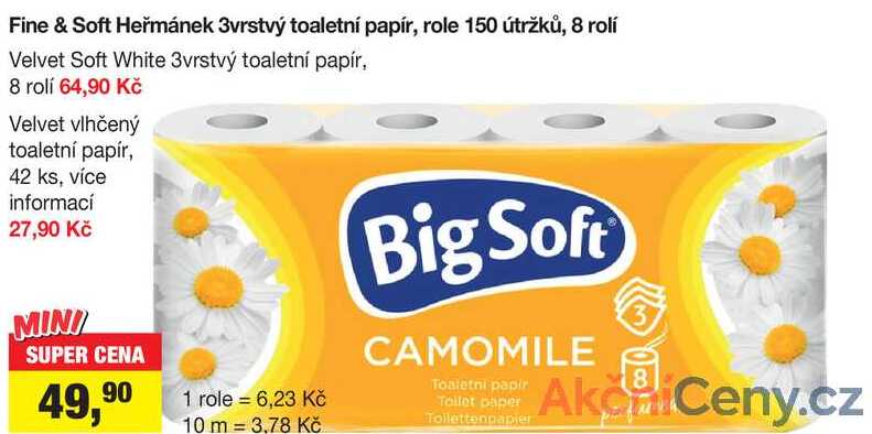 Fine & Soft Heřmánek 3vrstvý toaletní papír, role 150 útržků, 8 rolí 