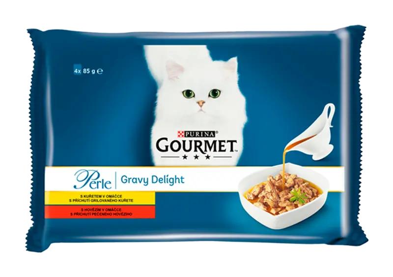 Gourmet Kapsičky pro kočky Perle Gravy Delight s kuřetem a s hovězím v ochucených omáčkách Multipack 4x 85 g, 340 g