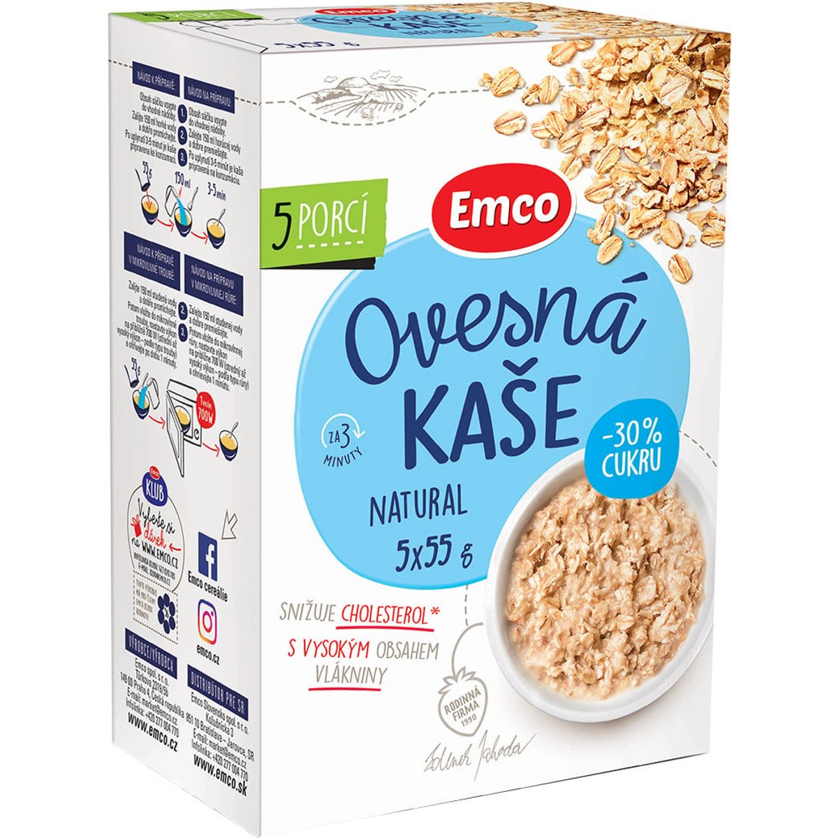 Emco Ovesná kaše natural s -30 % cukru 5x55 g