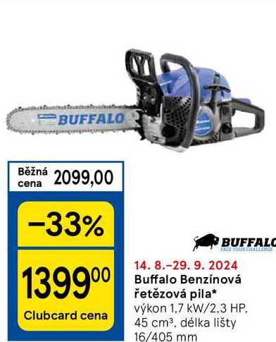 Buffalo Benzínová řetězová pila, výkon 1,7 kW/2,3 HP, 45 cm³, délka lišty 16/405 mm