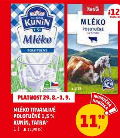 Mlékárna Kunín MLÉKO TRVANLIVÉ POLOTUČNÉ 1,5%, 1 l