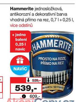 Hammerite jednosložková, antikorozní a dekorativní barva vhodná přímo na rez, 0,71+0,251, více odstínů + jedno balení 0,25l