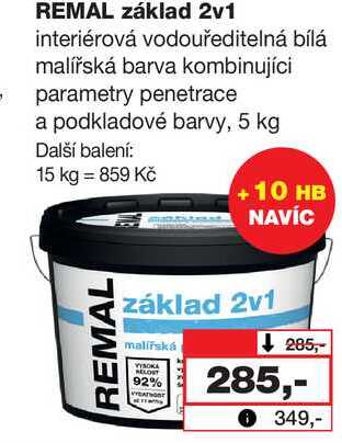 REMAL základ 2v1 interiérová vodouředitelná bílá malířská barva kombinujíci parametry penetrace a podkladové barvy, 5 kg