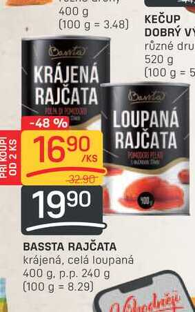 BASSTA RAJČATA krájená, celá loupaná 400 g. p.p. 240 g 