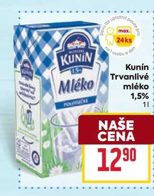 Kunín Mléko Trvanlivé polotučné mléko 1,5% 1l