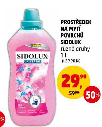 PROSTŘEDEK NA MYTÍ POVRCHŮ SIDOLUX různé druhy, 1 l 