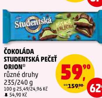 ČOKOLÁDA STUDENTSKÁ PEČEŤ ORION různé druhy, 235/240 g