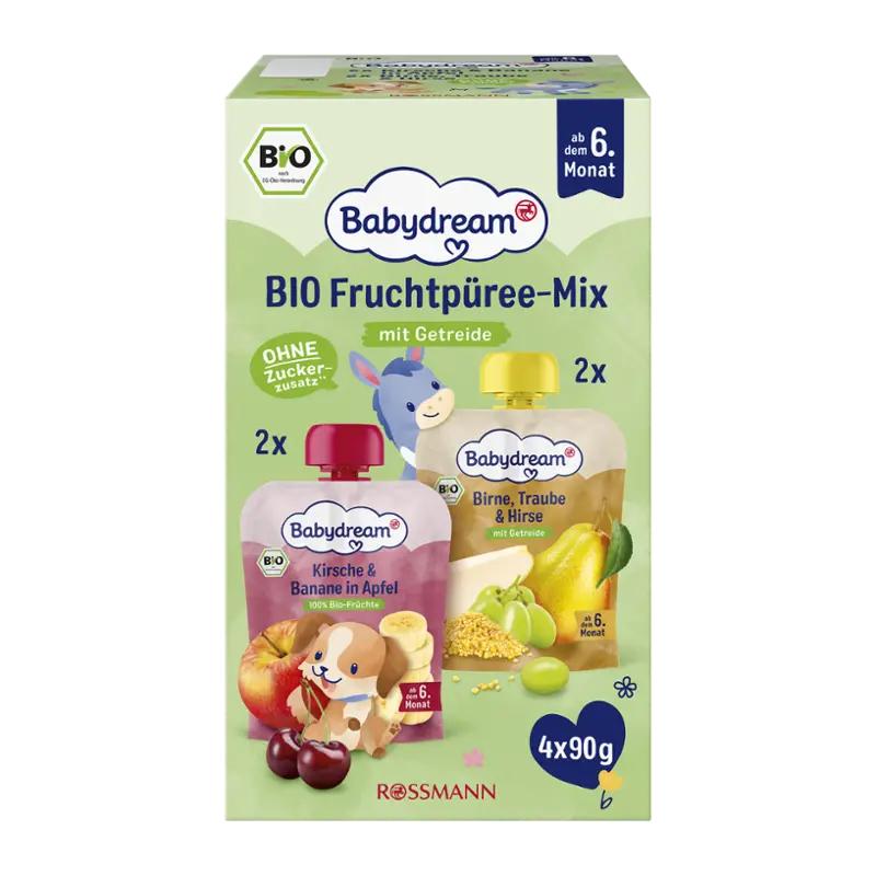 Babydream BIO ovocný příkrm hruška, hrozno a jáhly + višeň, jablko a banán, 360 g