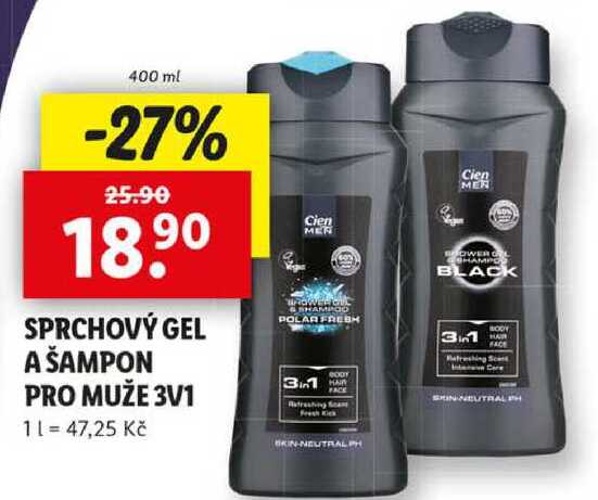 SPRCHOVÝ GEL A ŠAMPON PRO MUŽE 3V1, 400 ml