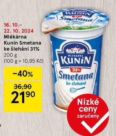 Mlékárna Kunín Smetana ke šlehání 31%, 200 g