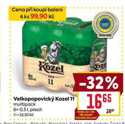 Velkopopovický Kozel 11 6x 0,51, plech