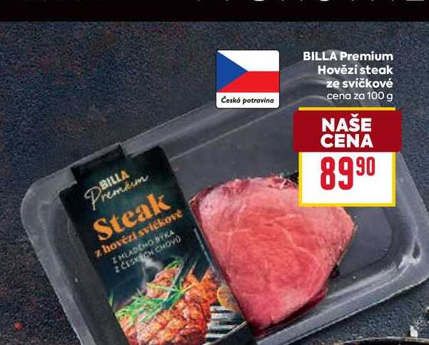 BILLA Premium Hovězí steak ze svíčkové cena za 100 g