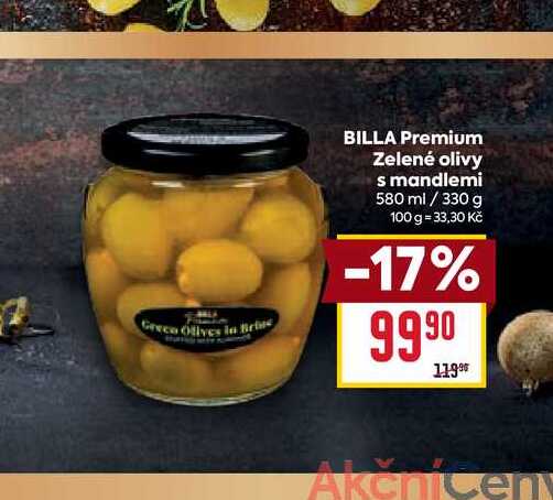 BILLA Premium Zelené olivy s mandlemi 580 ml/330 g