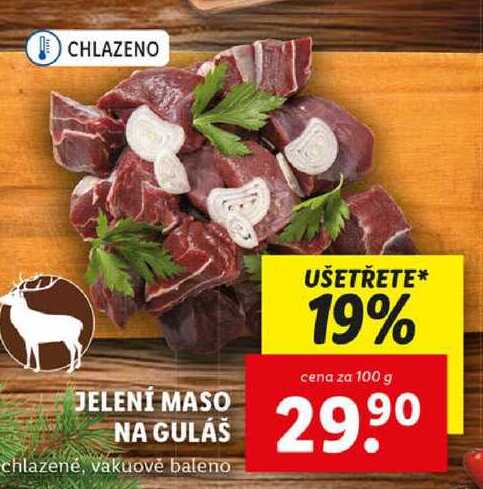 JELENÍ MASO NA GULÁŠ, cena za 100 g