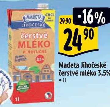 Madeta Jihočeské čerstvé mléko 3,5%, 1 l