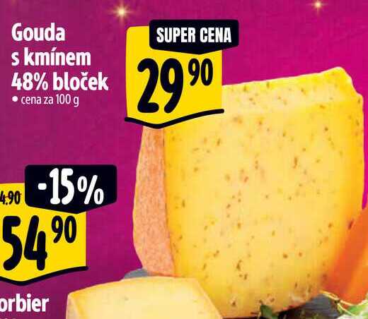 Gouda s kmínem 48% bloček, cena za 100 g