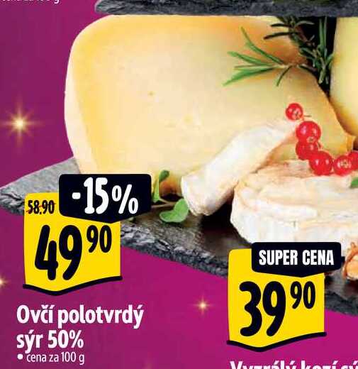 Ovčí polotvrdý sýr 50%, cena za 100 g 