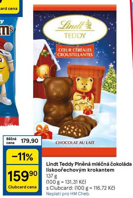 Lindt Teddy Plněná mléčná čokoláda lískoořechovým krokantem, 137 g